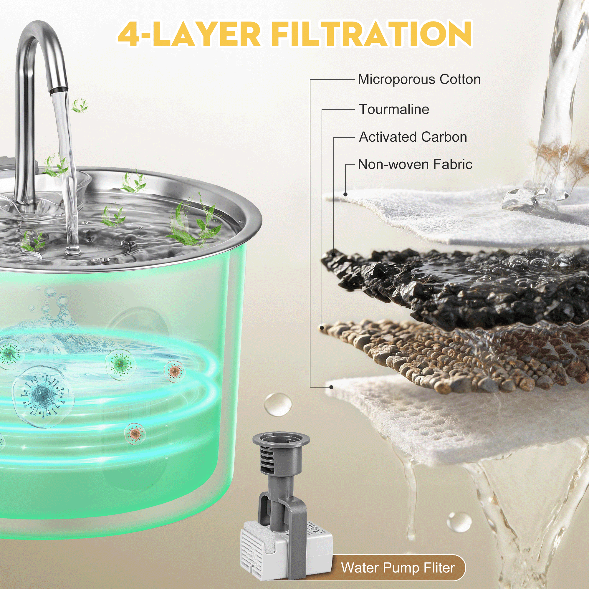 NIGHTEEN Cat Water Fountain Stainless Steel Automatic Pet Water Dispenser for Cats and Dogs with Replacement Filters, 2.2L