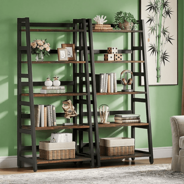 5-Tier Vintage Ladder Bookshelf, 50lbs/Shelf, Thick Particle Board & Metal Frame, Multi-Functional for Living Room, Office