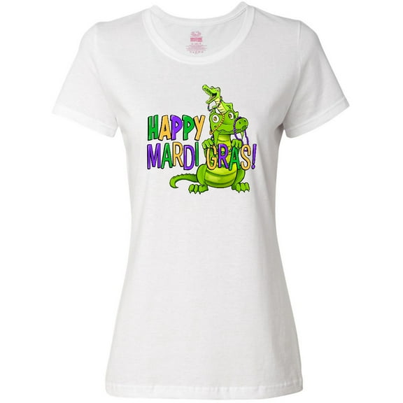 Inktastic Happy Mardi Gras Big and Little Alligators with Beads Women's T-Shirt