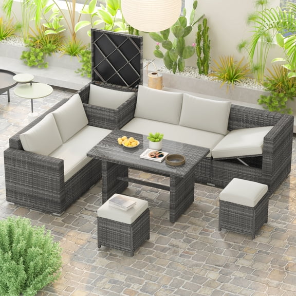 Euroco 6-Piece All Weather Outdoor Rattan Sofa Set, Patio Wicker Sectional Furniture Set with Glass Top Table, Storage Box, for 7 Persons, Beige