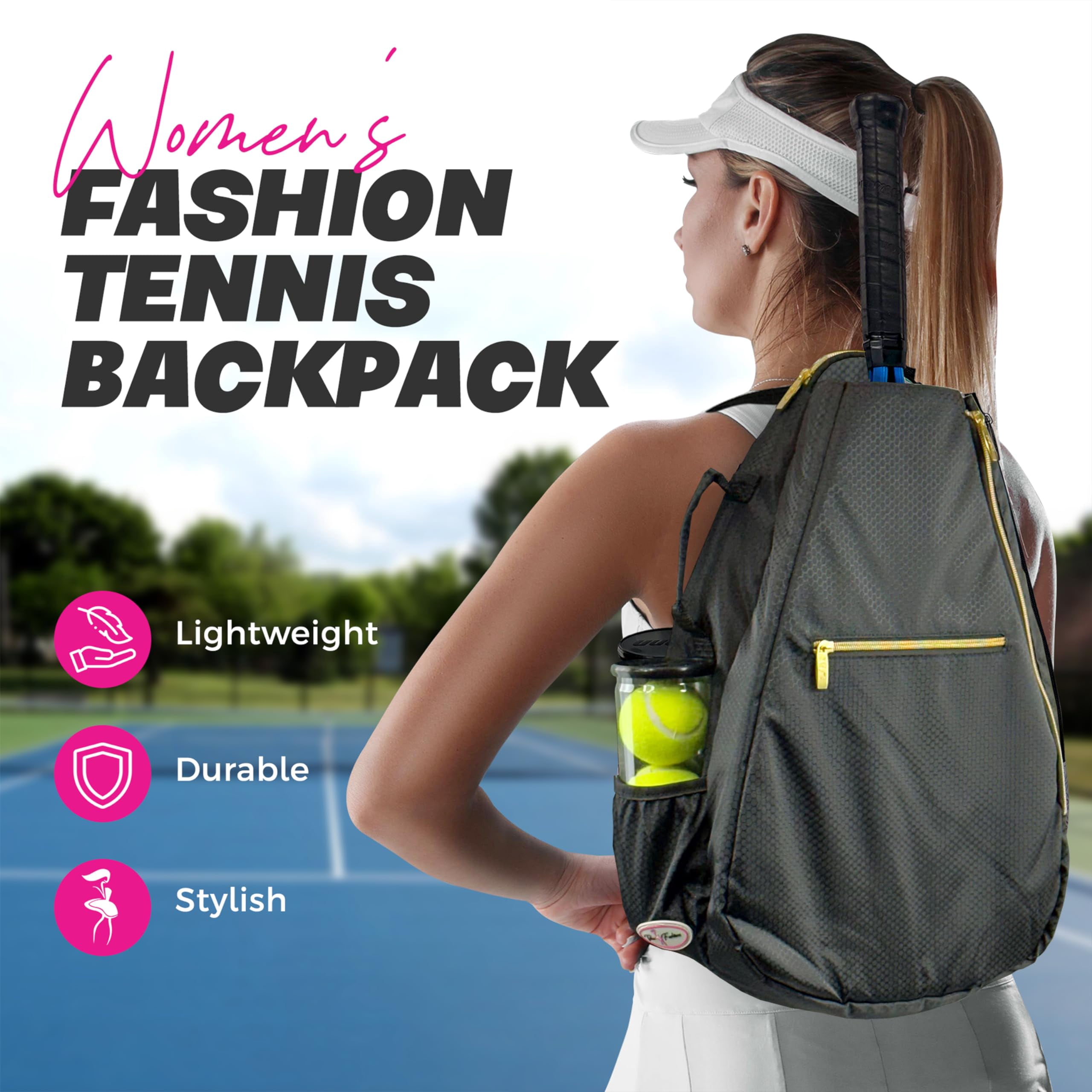 Taboo Fashions Womens Tennis Backpack Ladies Tennis Bag Holds Two Racquets, Padded Straps and Side Carry Handle (Gold Luxe)