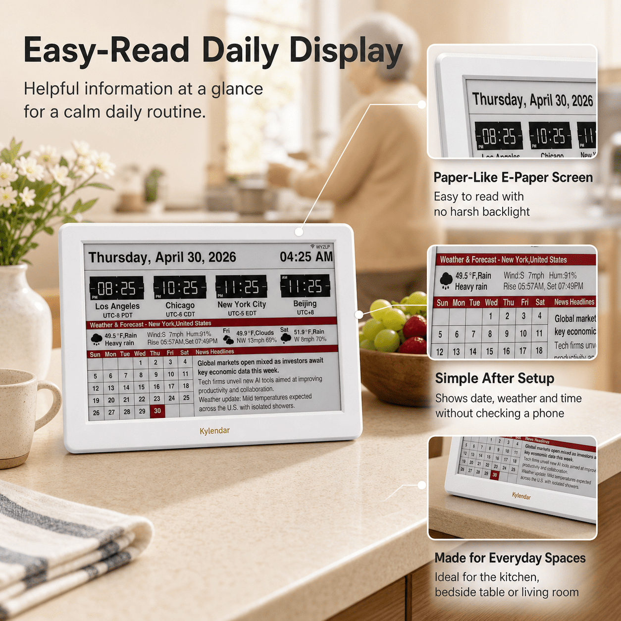 Kylendar 7" E-Ink Minimalist Calendar with Weather Clock, White