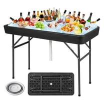 Folding Ice Cooler Table with Matching Skirt, Drain Hose & Bucket, Foldable Beverage Cooler Buffet Cooler Server, Portable Chill Table for Party, Picnic, BBQ, Camping (Black)
