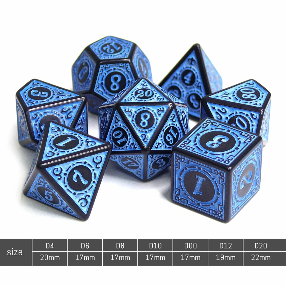 Blue Magic Flame 7-Dice Set Dnd Rpg Dice Black W/Color Fill