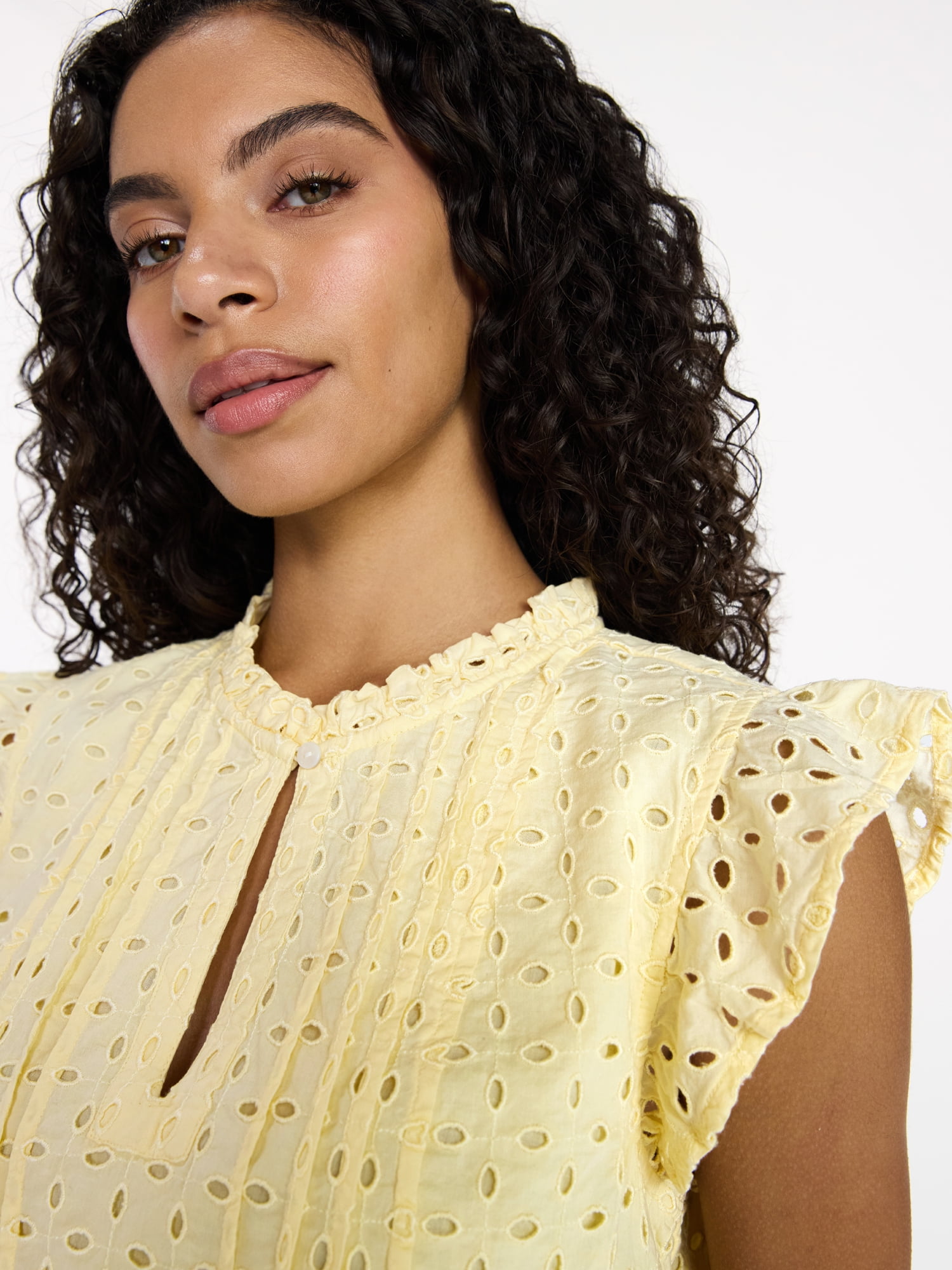 Time and Tru Women's Cotton Eyelet Top with Short Flutter Sleeves, Sizes XS-XXXL