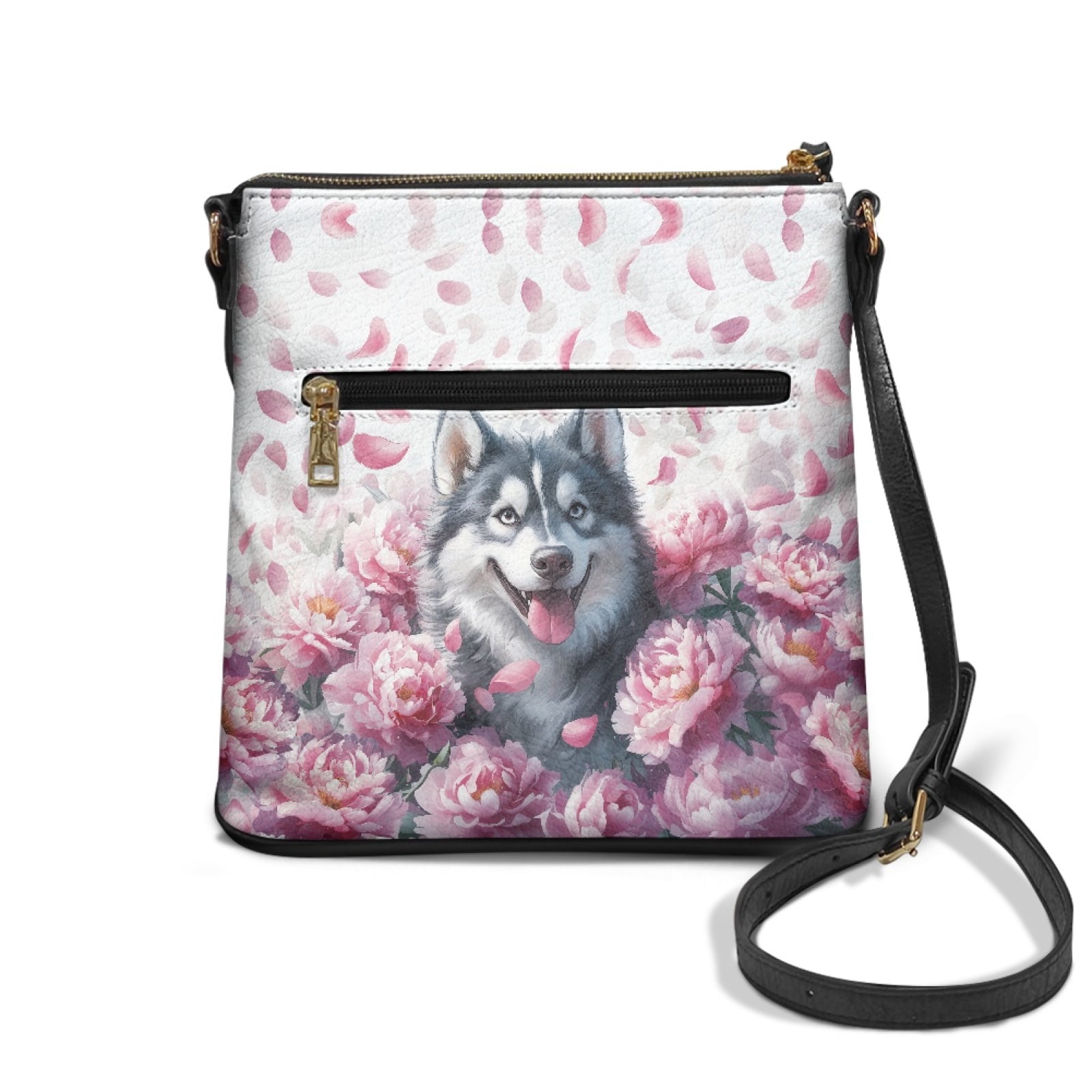 ZUXONGSY Peony Siberian Husky Prints PU Shoulder Purse Bag for Women Waterproof Crossbody Handbag Sling Hobo Bag Multipurpose Satchel with Adjustable Strap for Working Shopping