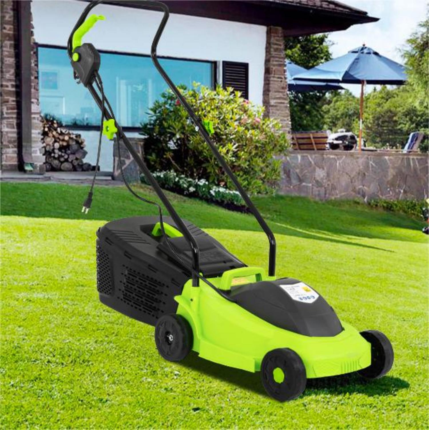 Electric Lawn Mower Grass Cutter Machine Automatic Grass Trimmer, Corded, 12 amp, Dethatcher, 13-inch with Collection Box for Garden and Yard, Green