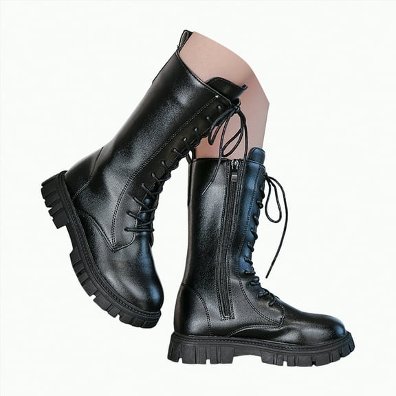 UngA Combat Boots Kids Girls Lace Up Boots Mid Calf Boots Fashion Waterproof PU Leather Side Zipper Punk Goth Girls Horse Riding Boots (Little Kid/Big Kid),Size 11