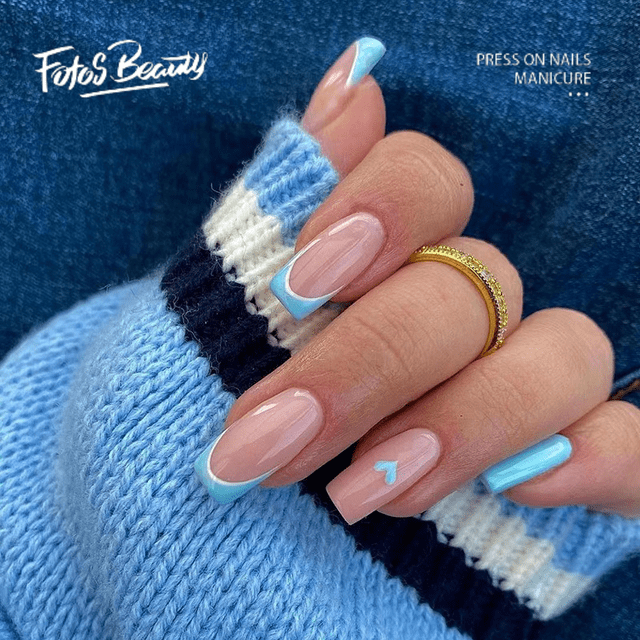 Fofosbeauty 24 pcs Press-on Acrylic False Nails, Nails Tips Designs 2023,Square French Blue