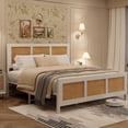 thumbnail image 1 of Blanca tamaño completo-size bohemian rattan marco de cama con cabecero, strong metal slats support, no necesita colchón base, noise-free design, 1 of 7