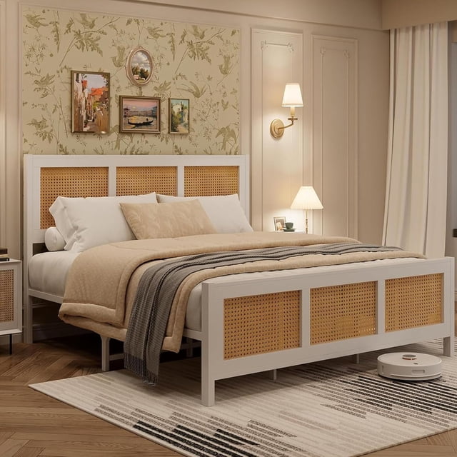 Blanca tamaño completo-size bohemian rattan marco de cama con cabecero, strong metal slats support, no necesita colchón base, noise-free design