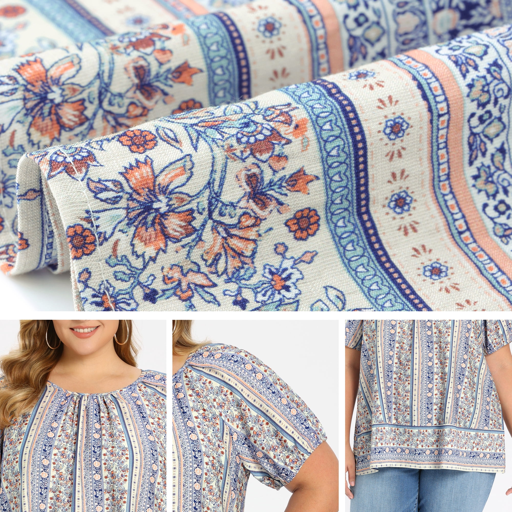 DARING DIVA Women's Plus Boho Floral Round Neck Puff Sleeve Blouse 4X Royal Blue