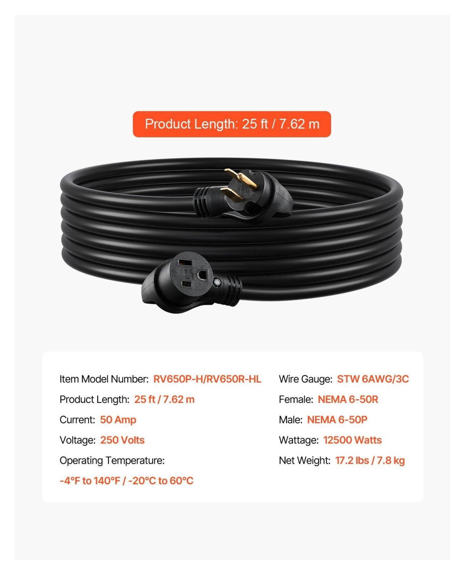 50 Amp Generator Extension Cord 25ft 12500W 6AWG Heavy Duty NEMA 6-50R/P SWT Generator Power Cord for Outdoor Use, ETL Listed with Storage Bag