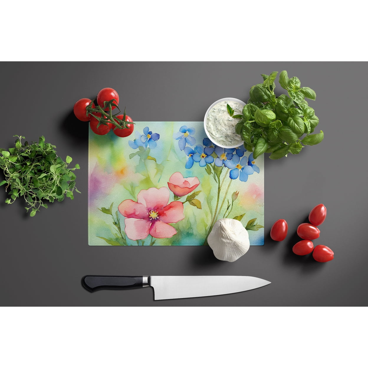 Alaska Forget-me-nots in Watercolor Glass Cutting Board Large 12 in x 15 in