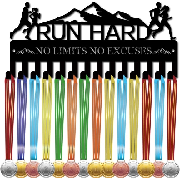 Run Hard Medal Holder Running Medal Hanger Display Rack Sports Hanging Athlete Awards Iron Small Wall Mount Decor with 14 Hooks for Competition Ribbon Lanyard Medals Medalist 11.4x5.1Inch