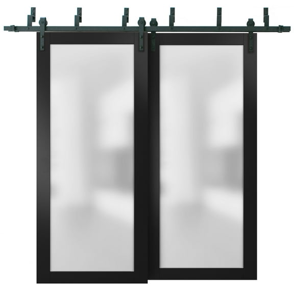 Sliding Closet Frosted Glass Barn Bypass Doors with Hardware | Planum 2102 Matte Black | Sturdy 6.6ft Rails Hardware Set | Modern Wood Solid Bedroom Wardrobe Doors -36" x 96" (2* 18x96)