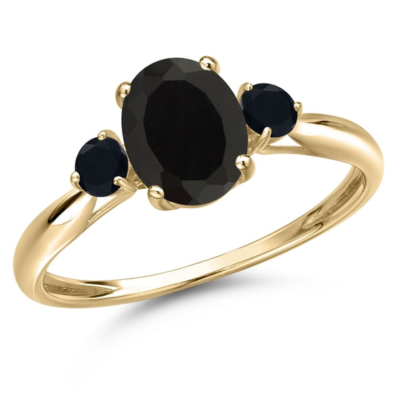 Gem Stone King 10K Yellow Gold Black Onyx 3-Stone Ring for Women | 1.80 Cttw | Oval 8X6MM | Gemstone December Birthstone | Size 7