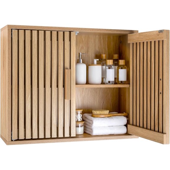 HarmonyStrings Bathroom Wall Cabinet, Wall Mounted Wooden Medicine Cabinet with 2 Slatted Doors, 3-Level Adjustable Shelves, Over The Toilet Storage for Bathroom, Kitchen, Laundry Room, Natural