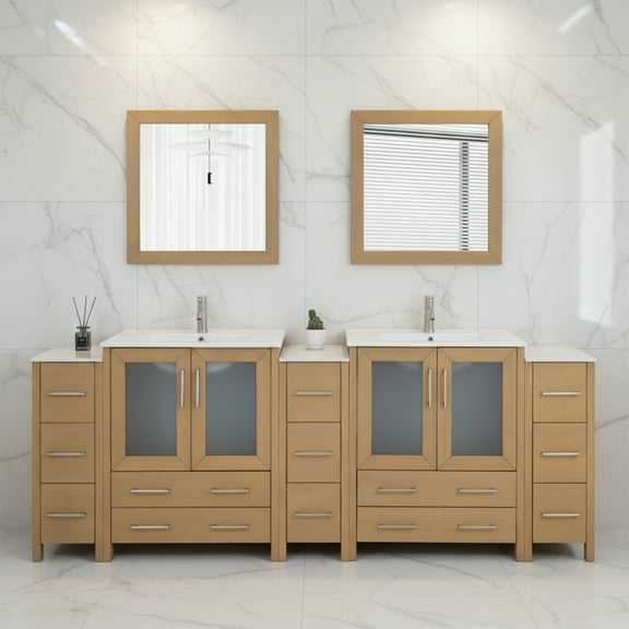 Vanity Art 96" Double Sink Freestanding Bathroom Vanity Set with Ceramic Top and Mirror
