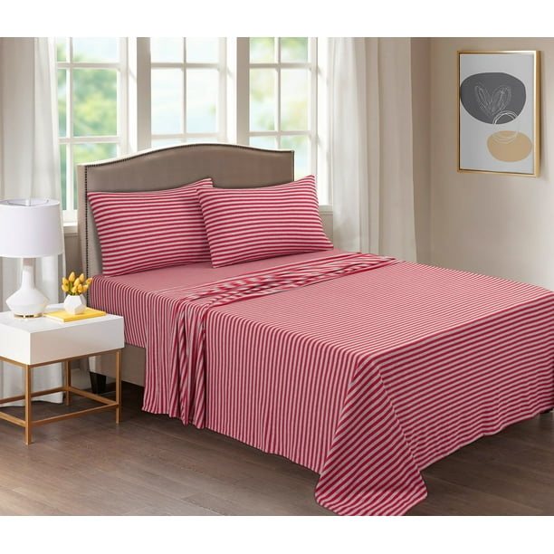 Mainstays Extra Soft Jersey Bed Sheet Set, Twin/Twin XL, Red Stripe, 3