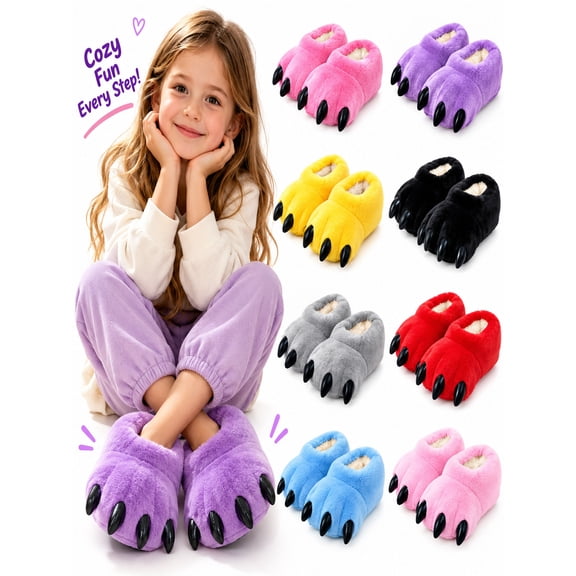 Kids Fuzzy Slippers Boys Girls Closed Back Plush House Shoes Soft Sole Warm Winter Indoor Home Wear