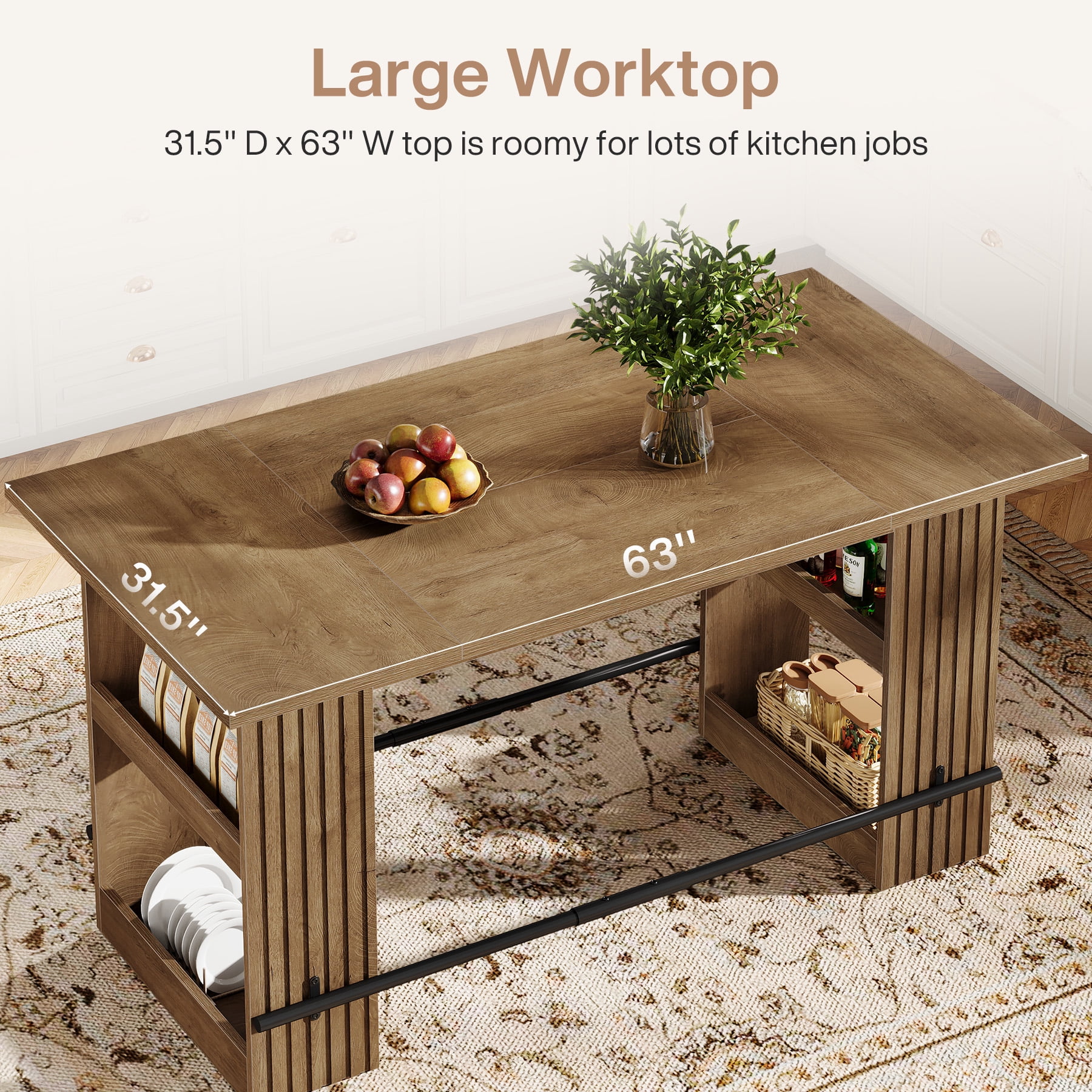 Finmind 63-inch Kitchen Island with Storage Shelves, Industrial Wooden Stationary Island Table, Large Coffee Bar Table with Footrest, Rustic Brown