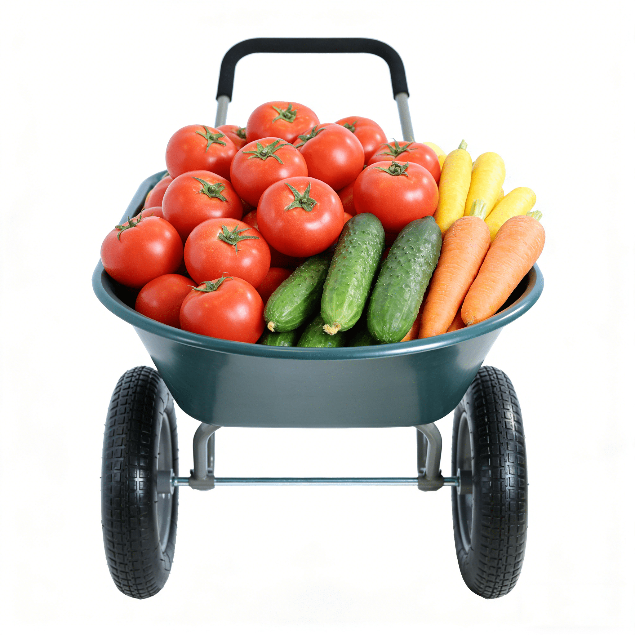 Two Wheeled Garden Wheelbarrow, 15 Inch Pneumatic Wheels, 5 Cu Ft Polyethylene Tray, 300 Lbs Capacity Green Utility Trolley