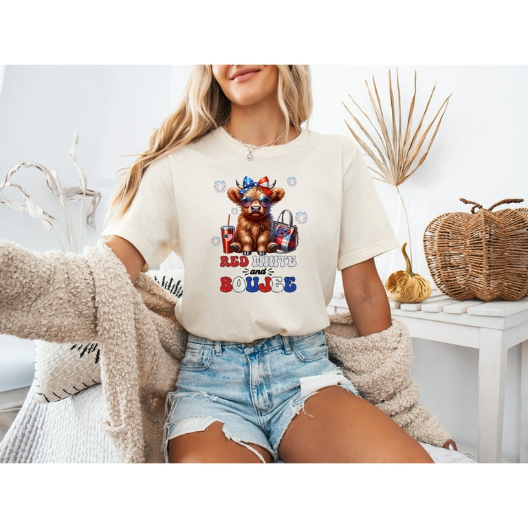 Moonlight Apparel Women's Red White and Boujee Highland Cow T