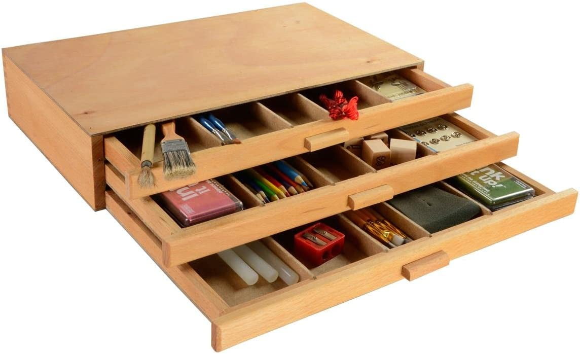 3-drawer Wood Art Box for Paints, Charcoal and Drawing Tools