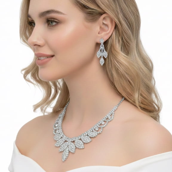 Women's Silver-Tone Rhinestone Statement Necklace & Earring Set | Elegant Bridal, Formal & Party Fashion Jewelry Set