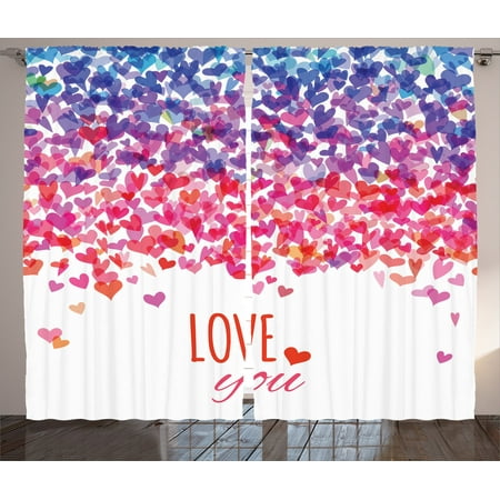 Love Decor Curtains 2 Panels Set, Hearts Love You Message Romantic Valentines Day Springtime Cheerful Art, Living Room Bedroom Accessories, By