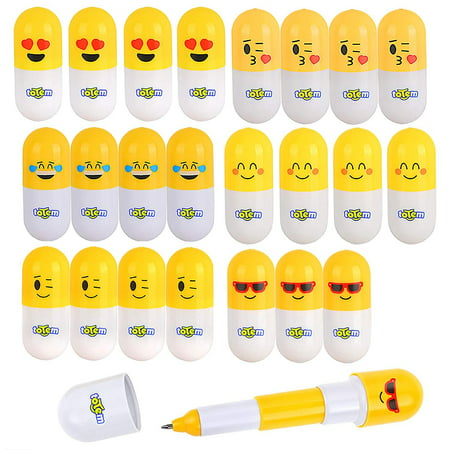 Totem World 24 Cute Retractable Emoji Vitamin Pill Ballpoint Pens - Perfect Novelty Item for Parties and Classroom (Best Pen In The World)