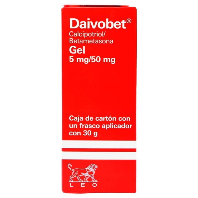 Daivobet Calcipotriol 5mg, Betametasona 50mg gel caja con un frasco aplicador con 30g