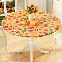 Round Fitted Tablecloth with Elastic Edge, 100% Waterproof Oil Proof Plastic Table Cover, Vinyl Flannel Backed Tablecloth Fits 36"-44" Round Tables for Fall, Thanksgiving, Colored Leaves