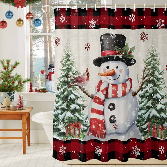 Shower Curtain Bathroom Set Vintage Christmas Tree Waterproof Fabric Shower Curtains with Grommets&Hooks Winter Snowman on Linen Privacy Bath Curtain for Bathtub 36x72in