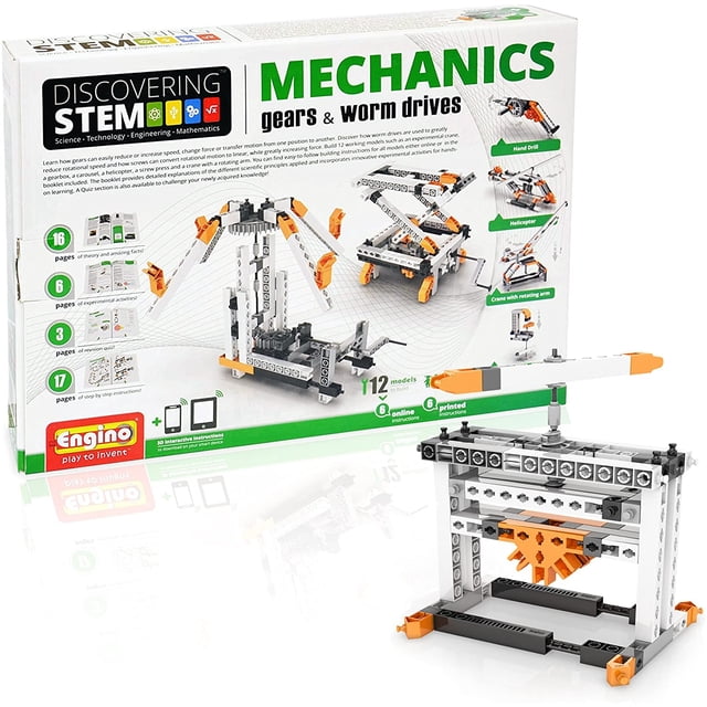 Engino descubre la mecánica STEM Gears & Worm Drives | 12 Modelos de trabajo | Manual de instrucciones ilustrado | Teoría y hechos | Actividades Experimentales | Kit de construcción STEM