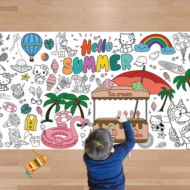 Póster/Mantel Gigante Para Colorear De Verano - Juguetes De Verano - Pancarta Para Colorear De Papel Gigante De 30 X 72 Pulgadas - Manualidades Para Niños Actividades Regalos Juegos Helado Favores De