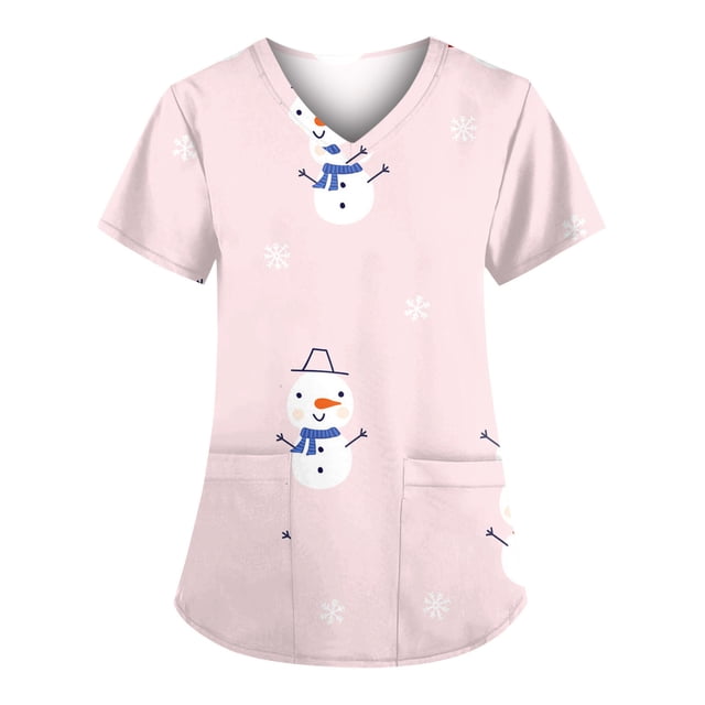 Tops Para Mujer, Blusa Navideña, Camisas de Moda, Manga Corta, Cuello en V, Uniforme de Trabajo, Estampado Con Bolsillo Odeerbi ODB170795