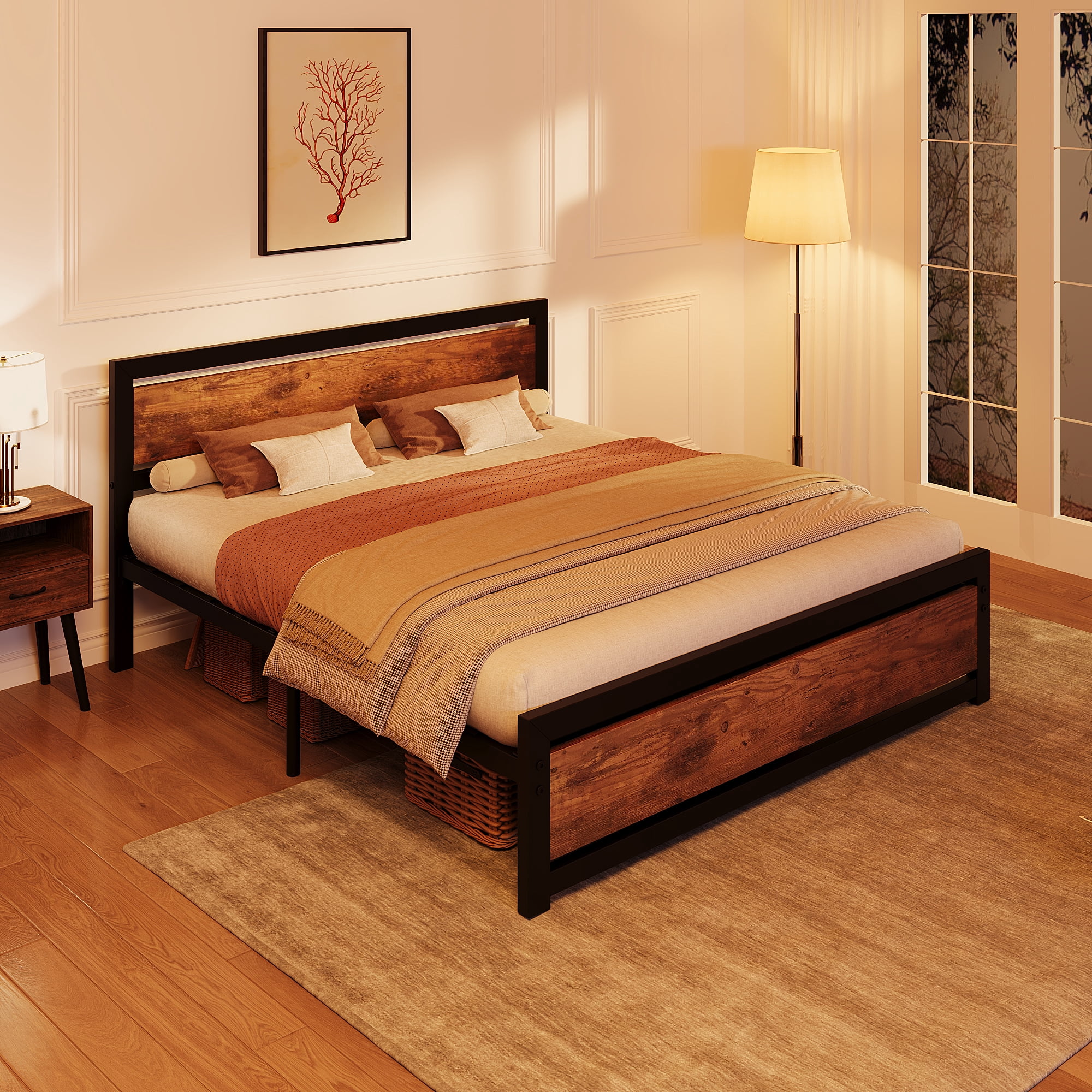 Industrial King Size Platform Bed Frame with Rustic Wooden Headboard – 14 Inch Heavy Duty Metal Support, Large Underbed Storage, Easy Assembly, Noise-Free, No Box Spring Needed King bed