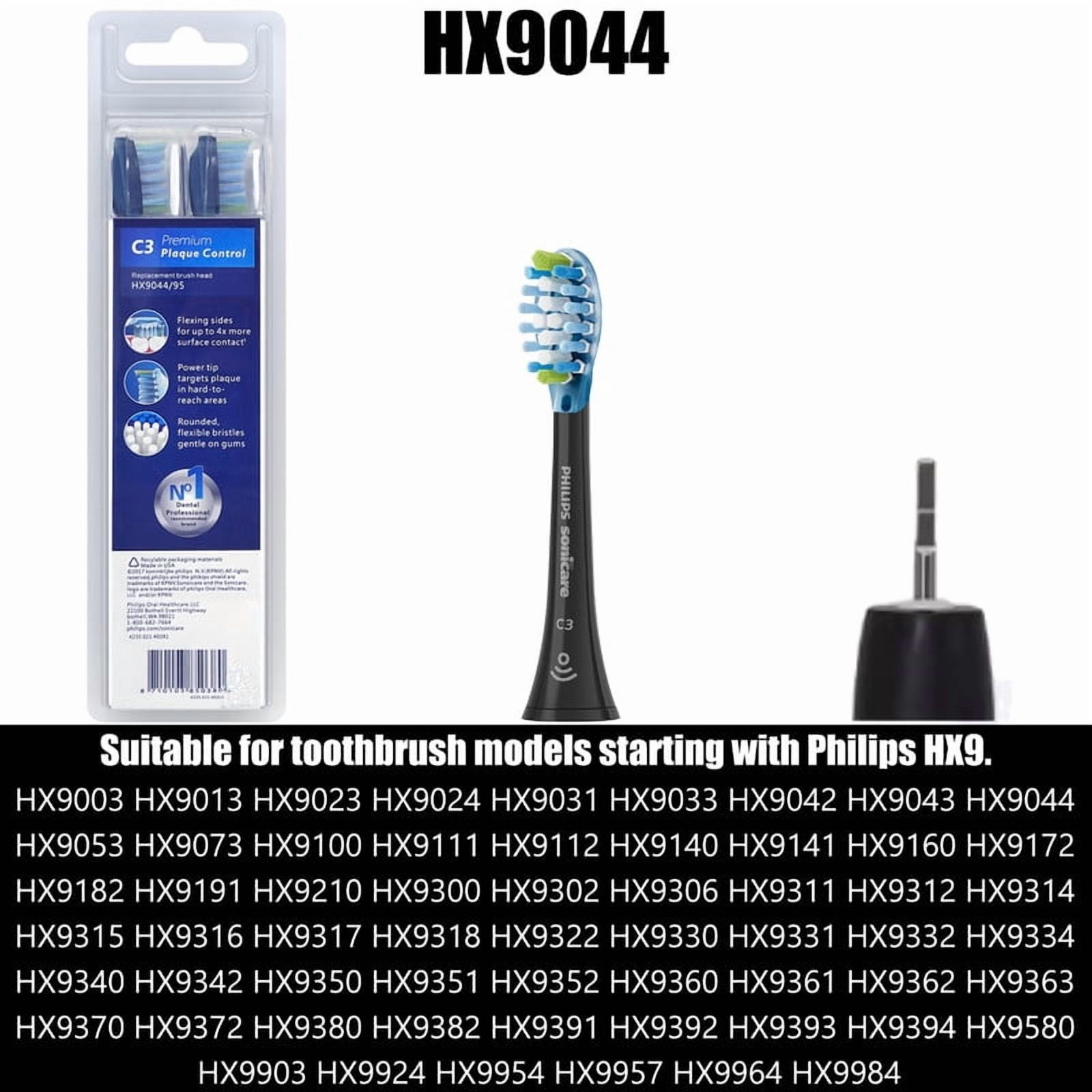 C3 Premium Plaque Control Replacement Brush Heads - Compatible with Ph-lilps Sonlcare DiamondClean Electric Toothbrush,HX9044/65,Black,4 Pack