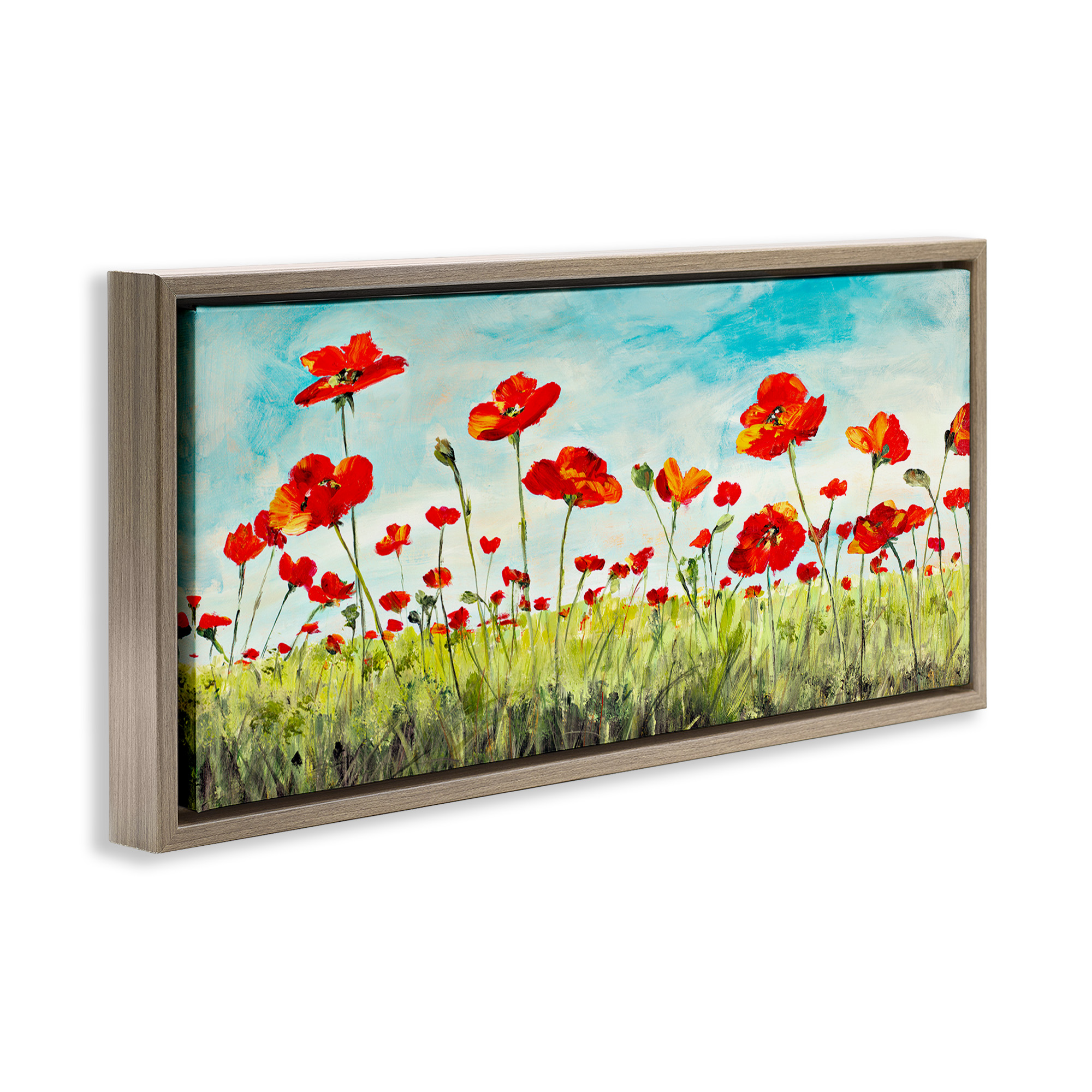 Stupell Industries Bright Red Poppies Meadow Botanical & Floral Painting Brown Floater Framed Canvas Art Print Wall Art, 25 x 11