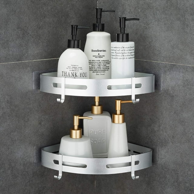 Estante Corner Caddy para baño y ducha, montado en la pared, 2 niveles, plateado