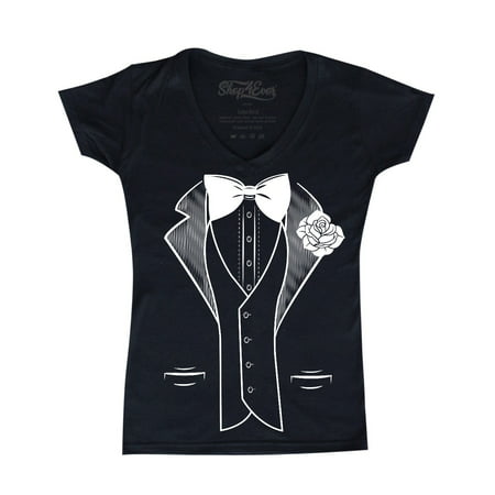 Shop4Ever Women's Classic Tuxedo Costume with White Rose Slim Fit V-Neck T-Shirt