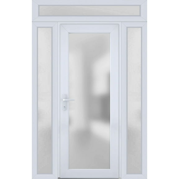 Front Exterior Prehung Metal-Plastic Door Frosted Glass / Manux 8102 White Silk / 2 Side and Top Window / Office Commercial and Residential Doors Entrance Patio Garage 54" x 96" Right-hand Inswing