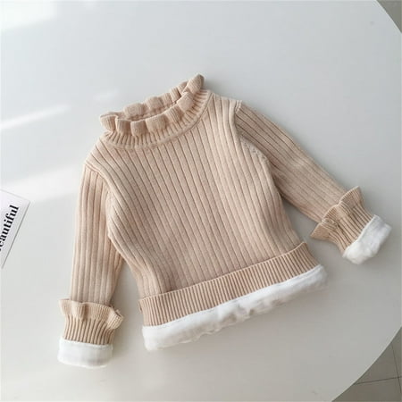 

0-7 T Toddler Girls Sweaters with Fleece Kids Little Girls Knitted Long Sleeve Ruffle-collar Knit Sweater Undershirt-Apricot 5-6 Years