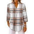 thumbnail image 3 of Bbyeadc Blouses for Women Casual 3/4 Length Sleeve Plaid Print Blouse V-Neck Collared Breathable Tops Work Vacation Tee,Khaki(XXL), 3 of 6