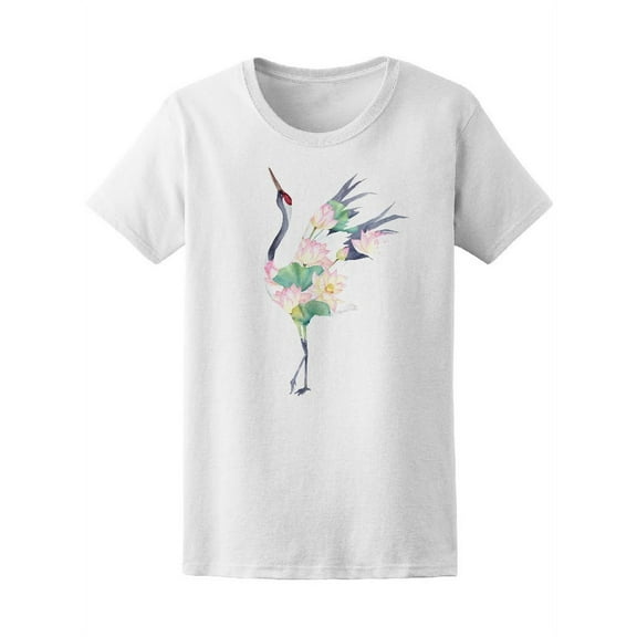 Watercolor Crane Bird Lotus T-Shirt Women -Image by Shutterstock, Female Large