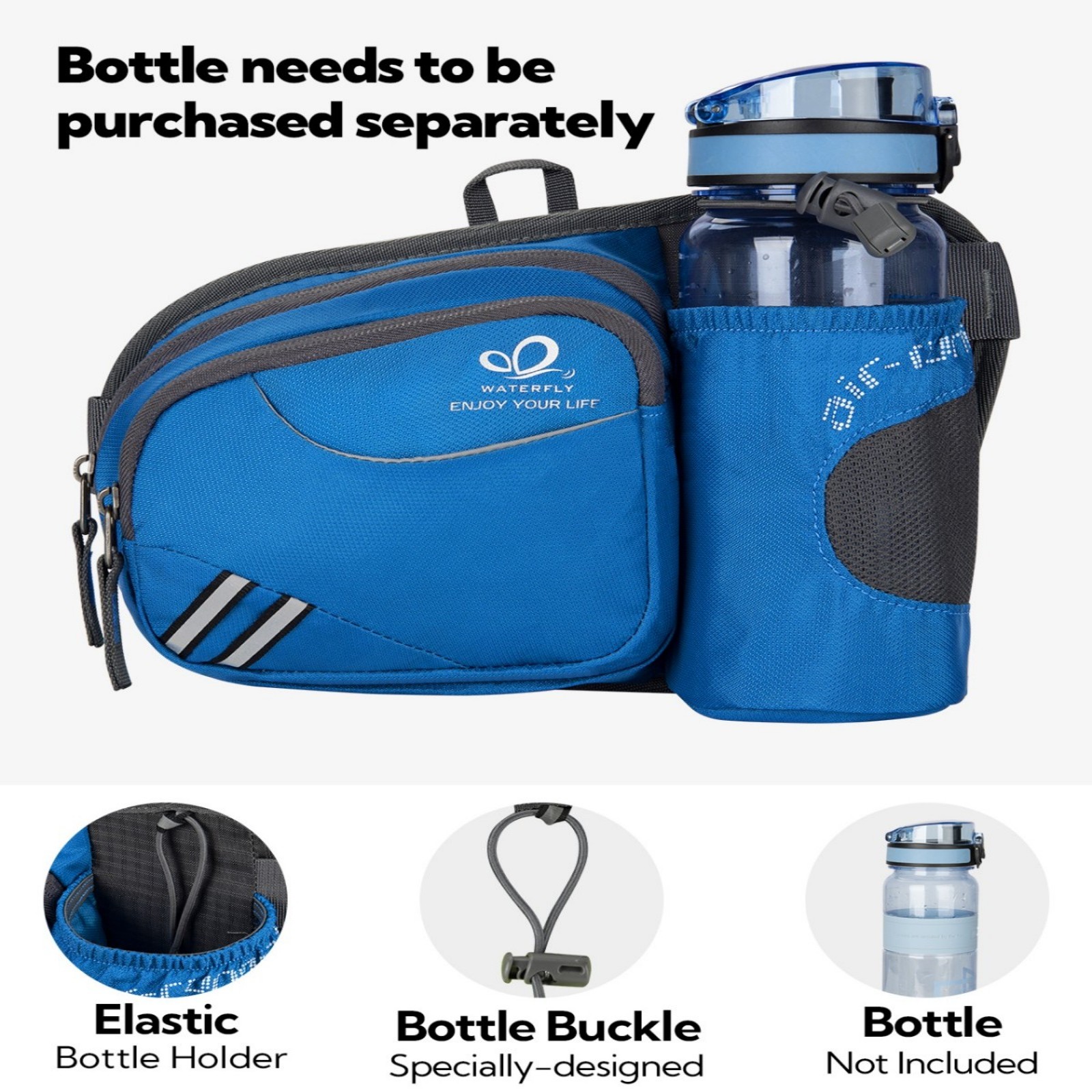 WATERFLY Unisex 3.5L Nylon Fanny Packs with a Water Bottle Holder Travelling Hiking Walking,Blue
