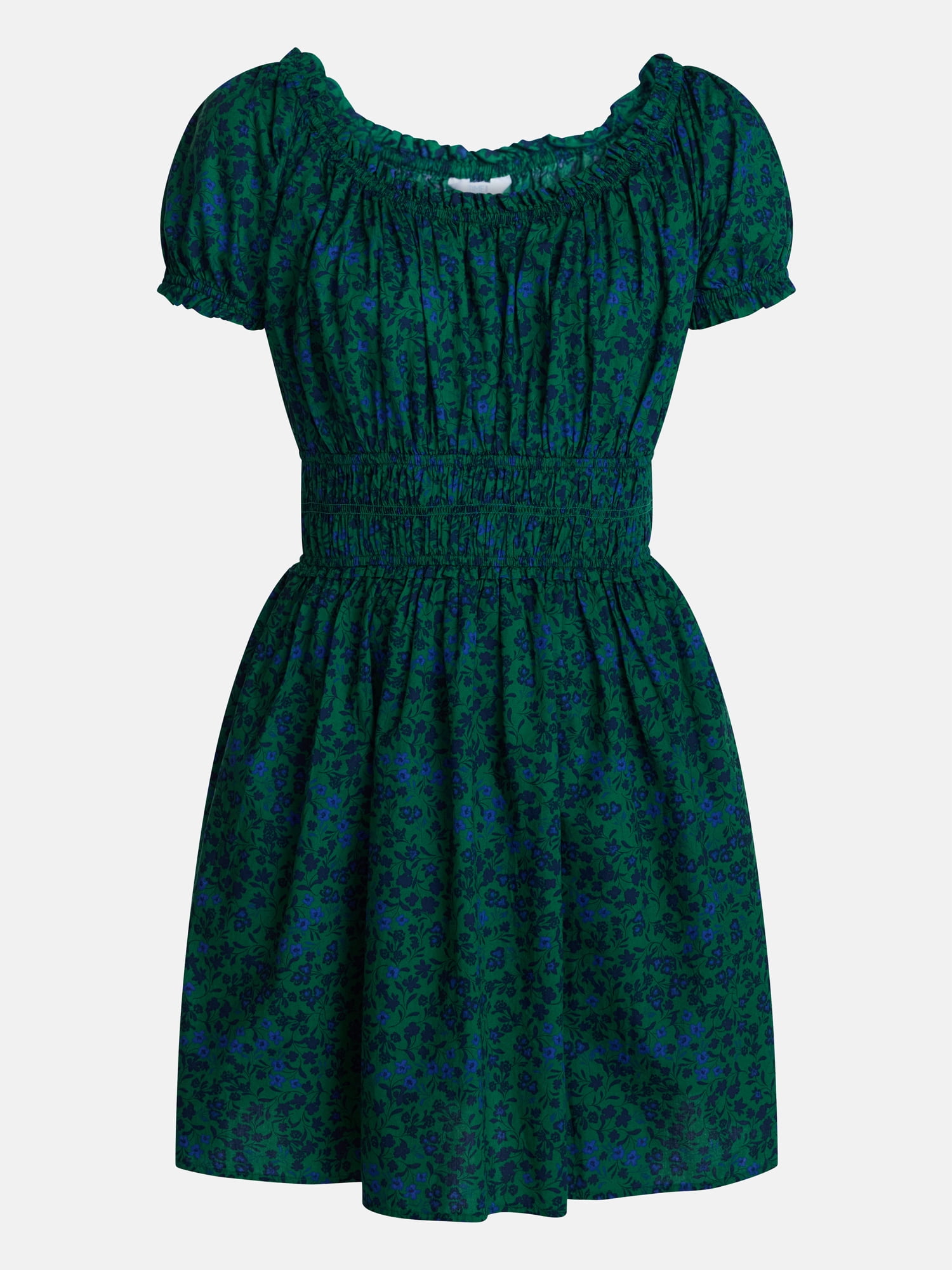 Time and Tru Women's Cotton Peasant Mini Dress With Puff Sleeves, Sizes XS-4X
