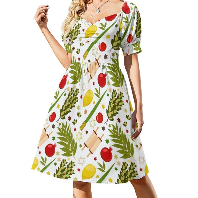 Vestido de manga corta con patrón de Sucot para mujer, vestido de verano largo para mujer, falda de verano diaria